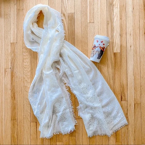Old Navy Ivory Embellished Gauze Raw Hem Scarf Lightweight One Size - Picture 2 of 9
